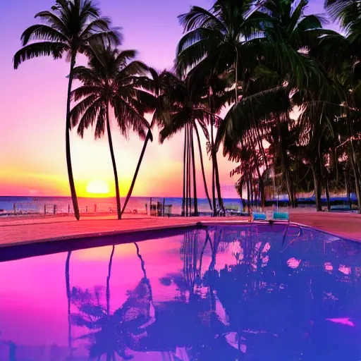 Image similar to motel, swimmingpool, sunset, palms, beach, sunset, vaporwave, pink, blue, green, purple, aesthetic.