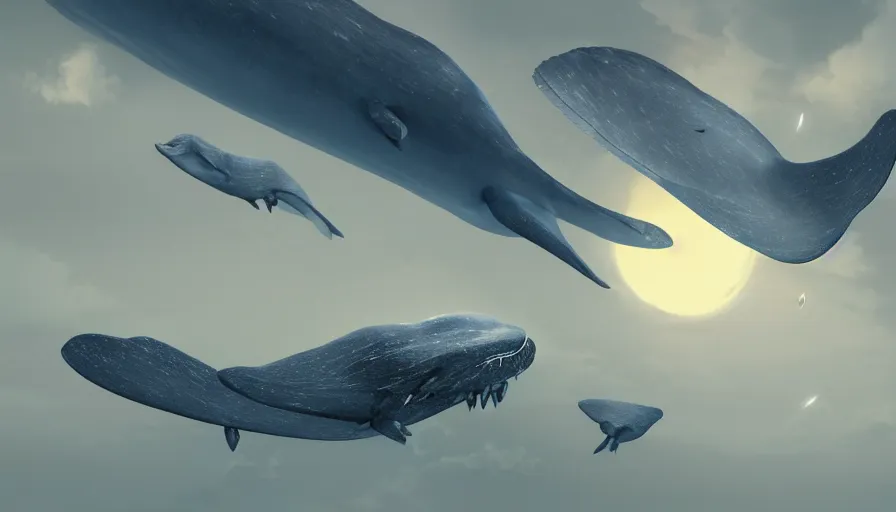 Image similar to Movie scene of group of flying blue whales towards the moon, hyperdetailed, artstation, cgsociety, 8k