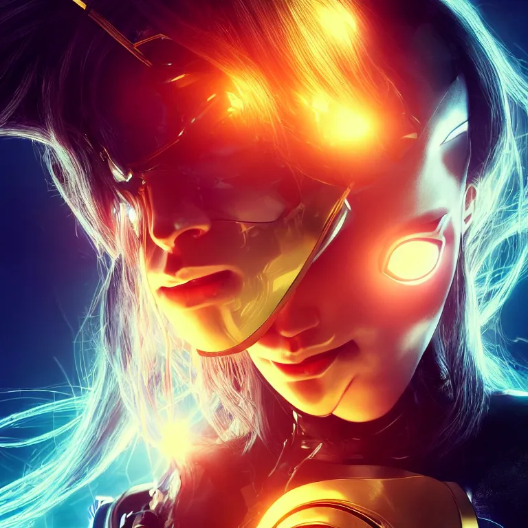 Image similar to beautiful cinematic poster, female cyberpunk cyborg, a gold circuit mask, brilliant blue flowing hair, beautiful glowing eyes, wideshot ultrawide angle epic scale, hybrid from the elden ring and art direction by darius zawadzki, wayne reynolds artstation ; cinematic quality character render ; low angle ; ultra high quality model, quality cinema model