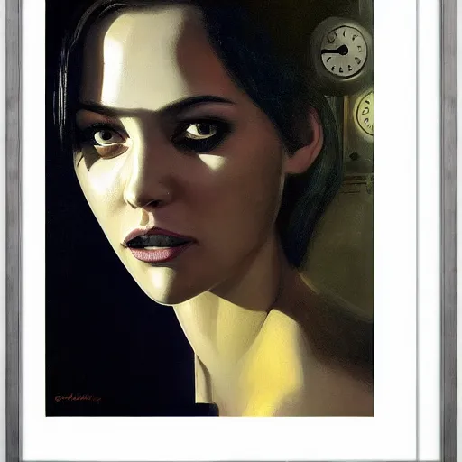 Image similar to detailed face of a woman, clockwork, moment, tectonic sky, skydome, bullet train, turbines, utopian, tech noir, wet reflections, prism, atmospheric, ambient, casey baugh, pj crook, syd mead, livia prima, edward hopper