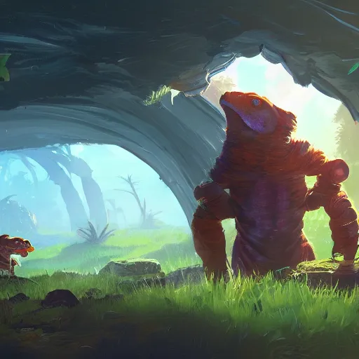 Image similar to gek enjoying medicinal herb digital art in the style of greg rutkowski and craig mullins, 4 k
