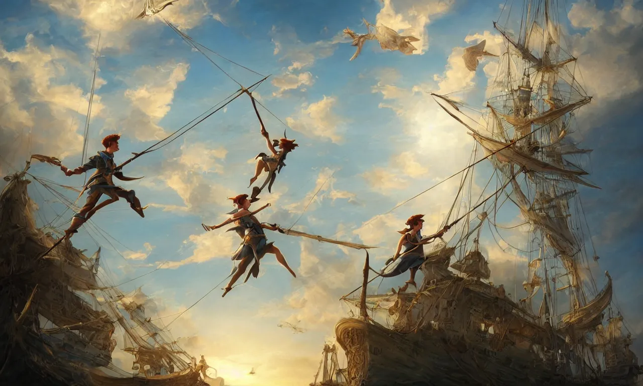 Image similar to a beautiful digital painting of peter pan sword fighting with hook, disney, a white caravel flying in the clouds, birds in the sunlight, numerous golden ropes and intricated sails, blue sky at sunset, elegant, highly detailed, artstation, concept art, matte, sharp focus, art by tom bagshaw, kelogsloops and greg rutkowski