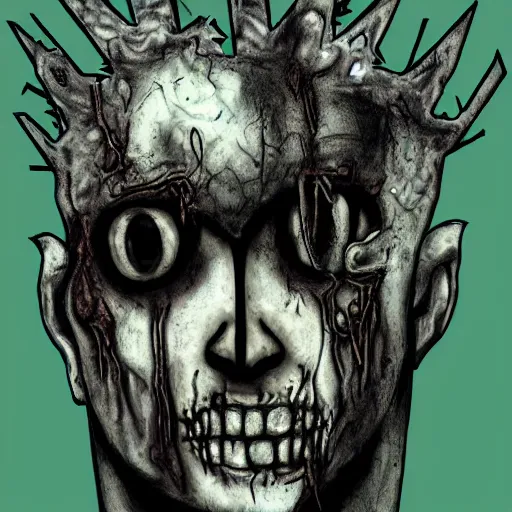 Image similar to asymmetrical zombie king portrait, fallen, decay, lost, depressed, borderline, schizophrenia