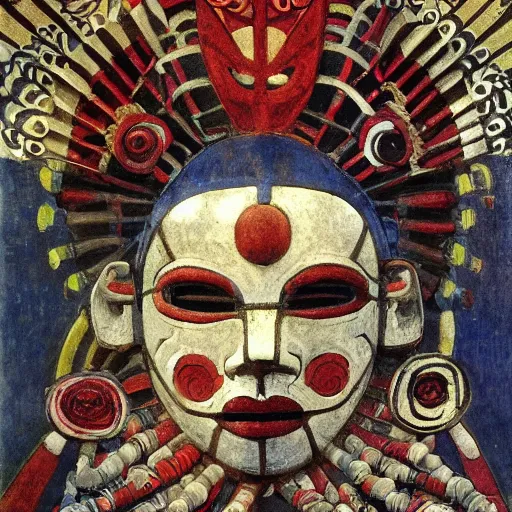 Image similar to head of a shaman wearing a mask made of enamelled flowers, by annie swynnerton and jean delville and john watkiss and rufino tamayo and diego rivera, art deco shaman, stylized geometric flowers, art brut, symbolist, dramatic lighting, god rays, clean crisp graphics, smooth sharp focus, extremely detailed, adolf wolfli