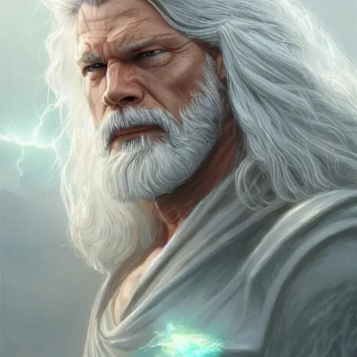 Image similar to zeus, god of thunder, stephen lang, long white hair turning to lightning, lightning, D&D, fantasy, highly detailed, digital painting, trending on artstation, concept art, sharp focus, illustration, art by artgerm and greg rutkowski and magali villeneuve