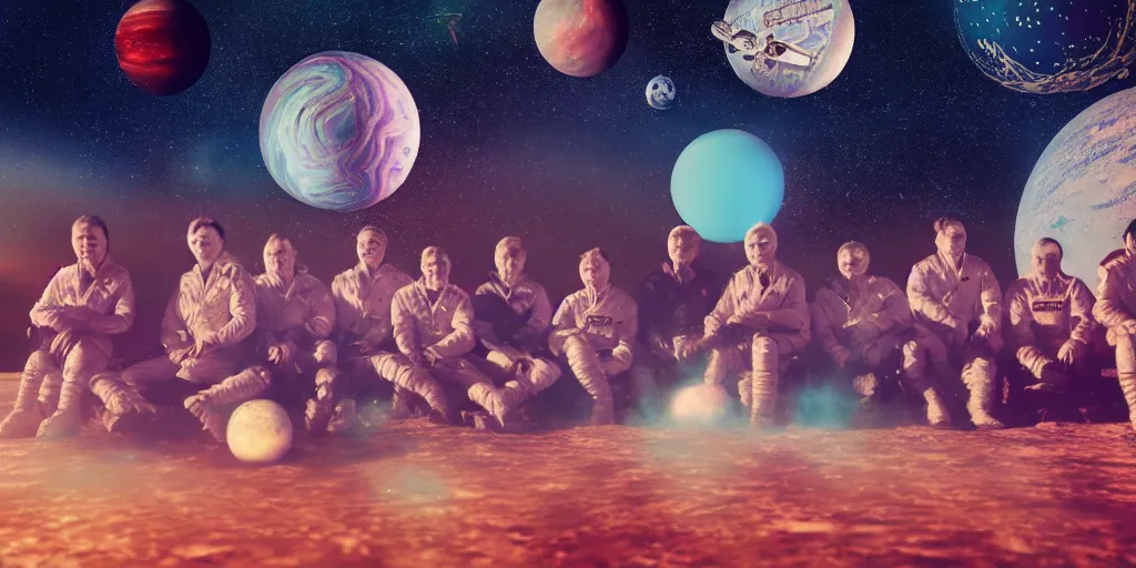 Image similar to twelve cosmonauts sitting by the river with a big holiday cake + octane render + ue 5 + planets and stars + mystical fog + psychedelic colors + super detail, high quality