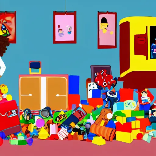 Image similar to a painted cartoonish scene, an open suitcase sits on a table, the open suitcase contains a vast pile of toys, the pile of toys rises all the way to the ceiling, the pile of toys blocks the background, a woman stands next to the table and suitcase, the woman holds more toys