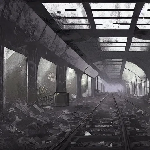 Image similar to An abandoned post apocalyptic subway station with an old decaying train, overgrown, sunlight, concept art, award winning