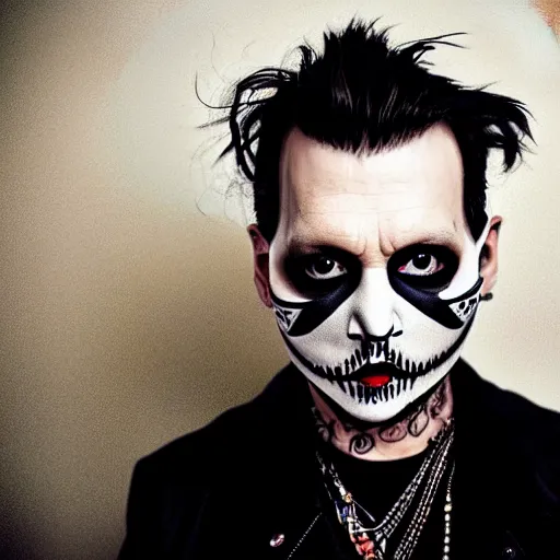 Image similar to portrait of johnny depp as a goth metal band member, half face mask, symmetrical, nikon 3 5 mm photography, ultrarealistic