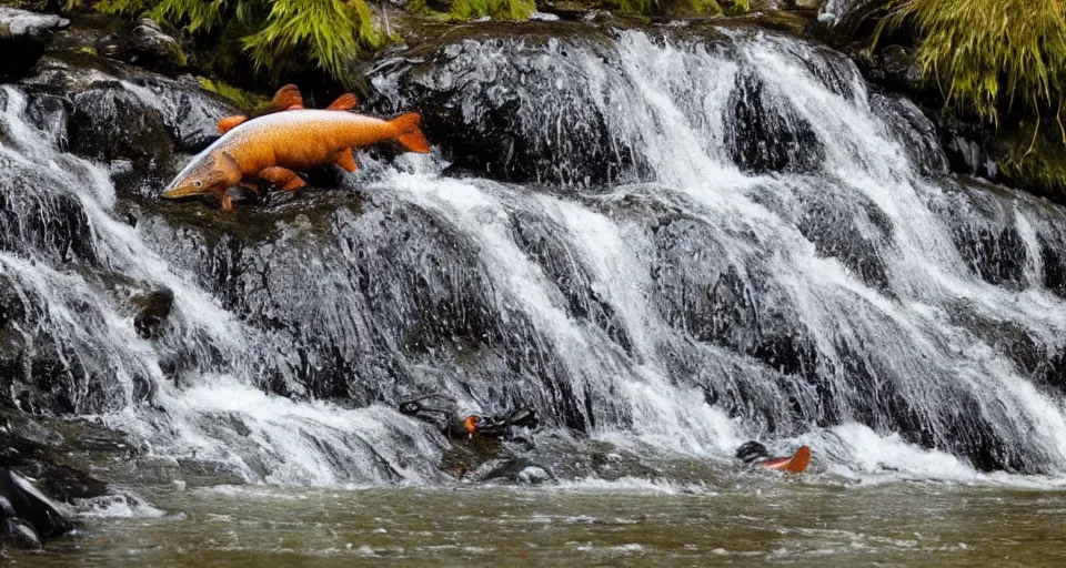 Image similar to dozens!!! of bears!!! catching salmon on a small waterfall in alaska, detailed, wide angle, 4 k