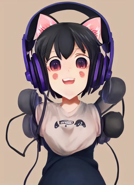 Image similar to portrait of a cute anime girl streamer wearing cat ear headphones smiling at the camera, symmetrical face, perfect face details, digital painting, trending on artstation, deviantart, artgem, perfect composition, ross draws, wlop