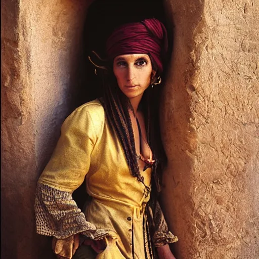 Prompt: Beautiful 16th Century Barbary Coast pirate Woman with Ginger hair and Golden hooped earrings photography by Steve McCurry