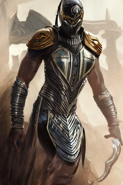 Prompt: ultra realistic illustration of wakandan warrior in mortal kombat style armor, hacknaut cyberpunk, sci - fi, fantasy, intricate, elegant, highly detailed, digital painting, artstation, concept art, smooth, sharp focus, illustration, art by artgerm and greg rutkowski and alphonse mucha