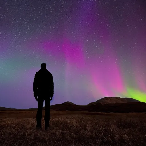 Prompt: 4K Epic Ultra HD detailed award-winning wallpaper silhouette of lonely man holding a bright flashlight looking at huge vast sky universe Milky Way aurora