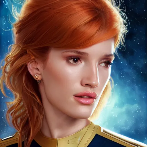 Image similar to ultra realistic illustration, bella thorne as captain wearing star trek uniform, intricate, elegant, highly detailed, digital painting, artstation, concept art, smooth, sharp focus, illustration, art by artgerm and greg rutkowski and alphonse mucha