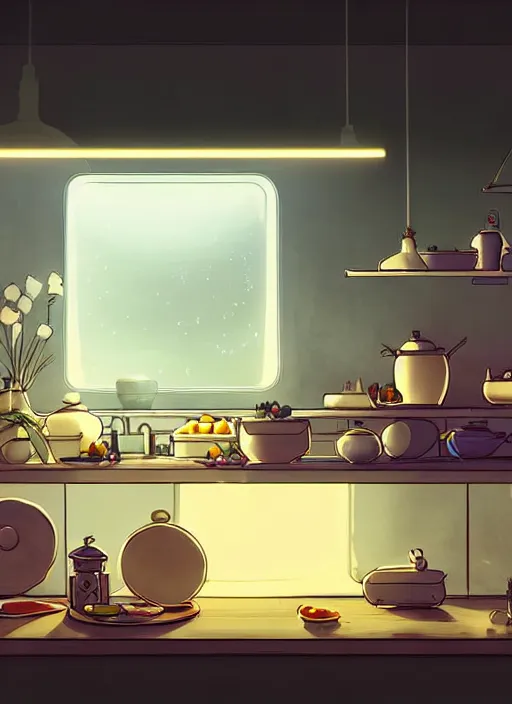 Prompt: high depth, collective civilization kitchen, calm, healing, resting, life, hybrids, scifi, soft white glowing lights, published concept art, art in the style of all and none and everything and infinity, clowdy day