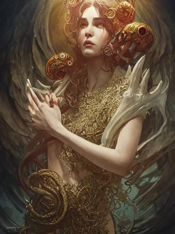 Image similar to cthulhu, d & d, fantasy, intricate, elegant, highly detailed, digital painting, artstation, concept art, wallpaper, smooth, sharp focus, illustration, art by artgerm and greg rutkowski and alphonse mucha