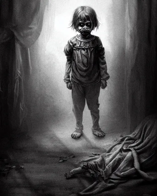 Image similar to creepy child, hopelessness, staring out, black and white, victorian, poor, ultra realistic, concept art, intricate details, horror, cinematic, highly detailed