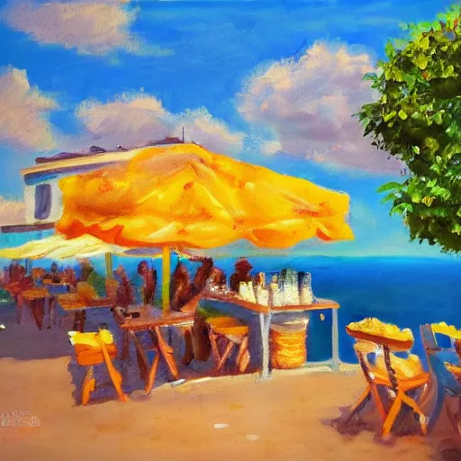 Prompt: small cafe in italy, capri coast, sea, sunny day, summer, clouds on the sky, oil painting style,