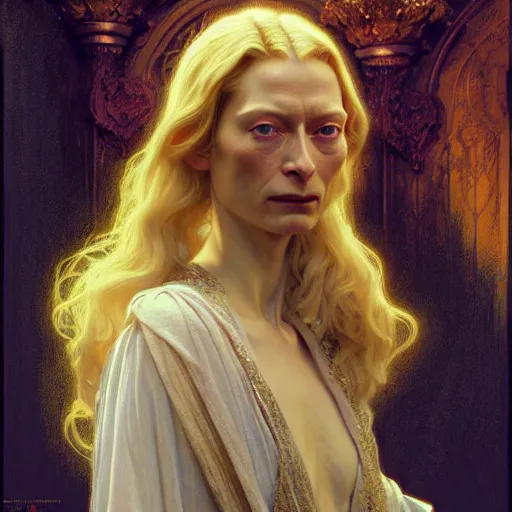 Image similar to young adult tilda swinton as lucifer morningstar, long blond hair, natural lighting, path traced, highly detailed, high quality, digital painting, by gaston bussiere, craig mullins, alphonse mucha j. c. leyendecker