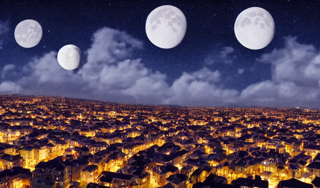 Image similar to thousands of different moons scattered across the sky. thousands of big moons, focus on the sky. thousands of houses in the city, hyperrealism, no blur, 4 k resolution, ultra detailed