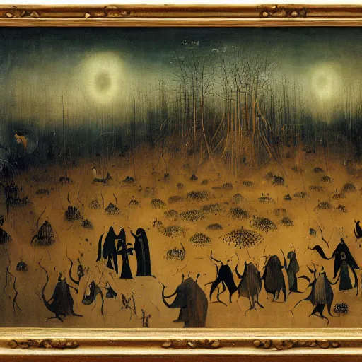 Prompt: a surreal painting by hieronymus bosch of a dark forest of tiny burning bonzai trees on fire, smoke in the sky, people standing around screening and running, ominous, oil on canvas