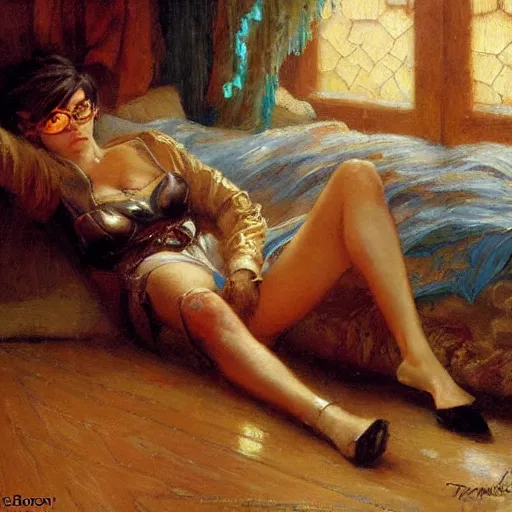 Prompt: Gaston Bussiere painting of Tracer (Overwatch) lounging in her bedroom, dramatic lightning, candlelit