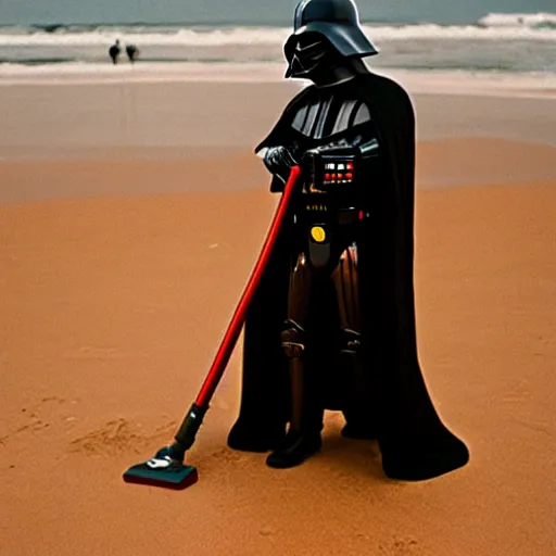 Prompt: darth vader vacuuming the sand on a beach