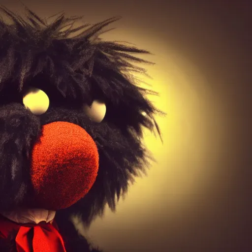 Image similar to focus portrait of dark angry fluffy muppet in night, dark forest background, bokeh, inspired by Tim Burton, octane render