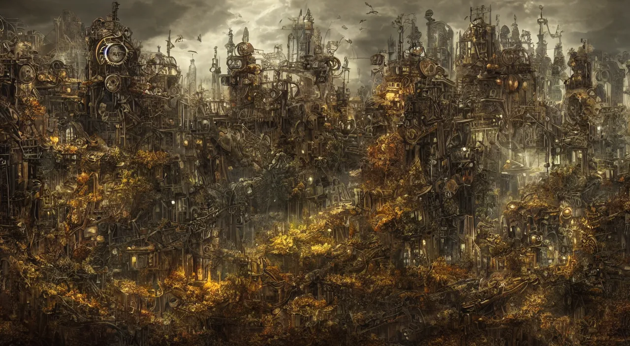 Prompt: a stunning digital artwork of a steampunk landscape