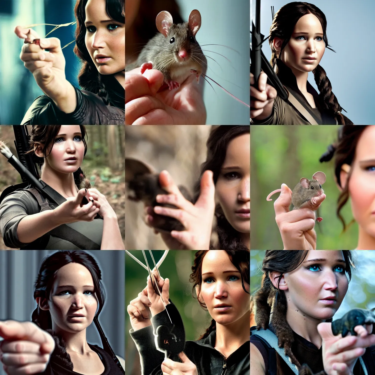 Prompt: Katniss Everdeen holding a mouse in her handpalm, closeup of hand