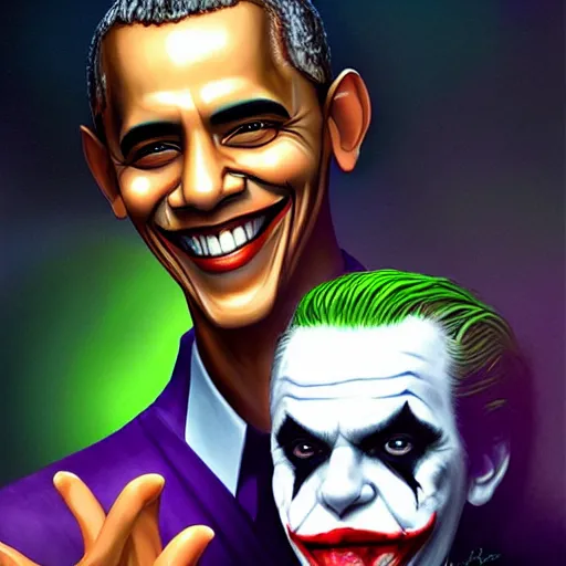 Image similar to portrait of barack obama with the joker make up, artwork by charlie bowater