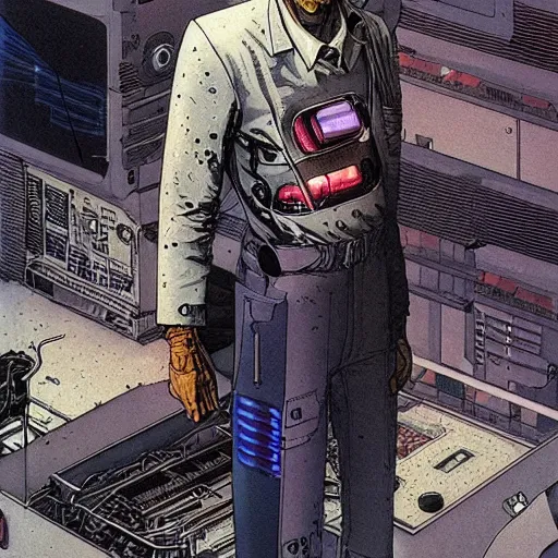 Prompt: Digital portrait of a scientist by Enki bilal and Moebius and francois Schuiten, cyberpunk, impressive perspective, aesthetic, masterpiece