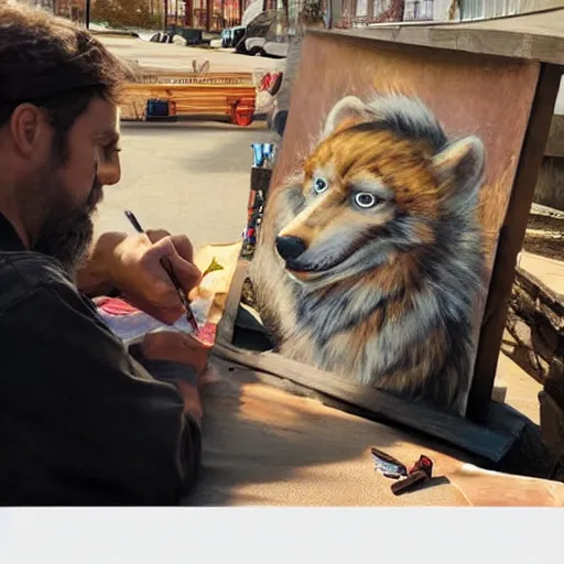 Image similar to photo portrait of hobo artist drawing furries for booze. symmetry, awesome exposition, very detailed, highly accurate, intricate, photobank, professional lighting diffracted lightrays, 8 k, sense of awe