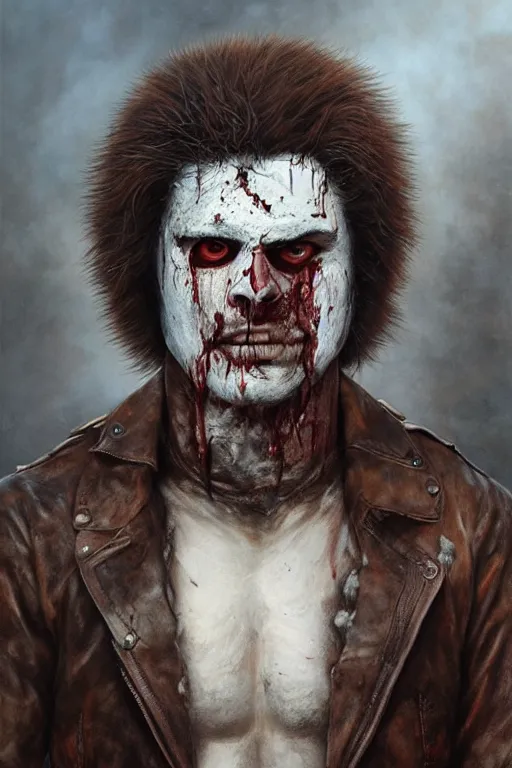 Prompt: a man with a black eye and bloody face wearing a brown leather jacket with a white fur collar. art by tomasz alen kopera and glenn fabry.