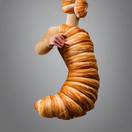 Prompt: a beautiful dress made out of a croissant, on a mannequin. high quality, high resolution, studio lighting