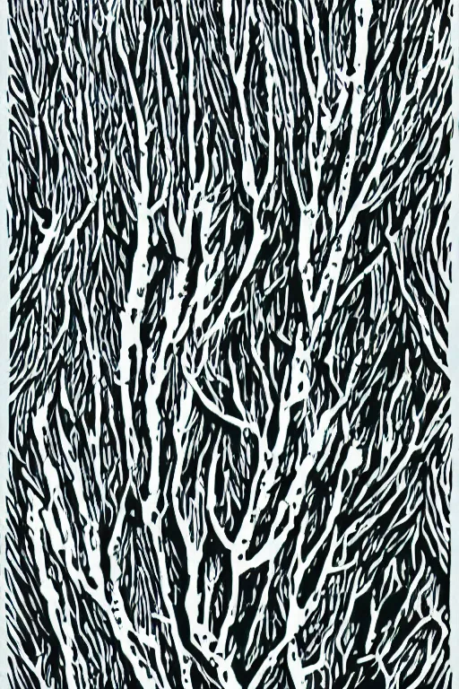 Prompt: reaction diffusion artwork of a winter forest, reaction diffusion linocut, as reaction diffusion