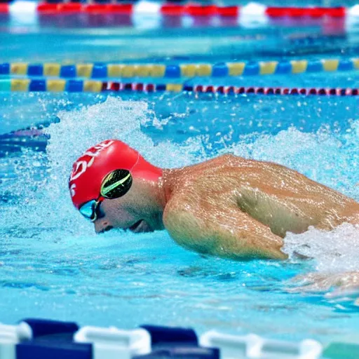 Prompt: a man finishing the 100 meter swim in record time