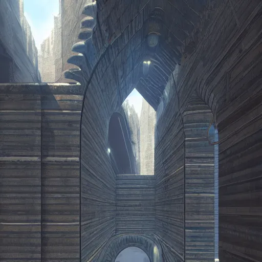 Prompt: A towering warehouse in a crevice, geometric rock formations, stone arches, metallic pipes, digital art, artstationhq