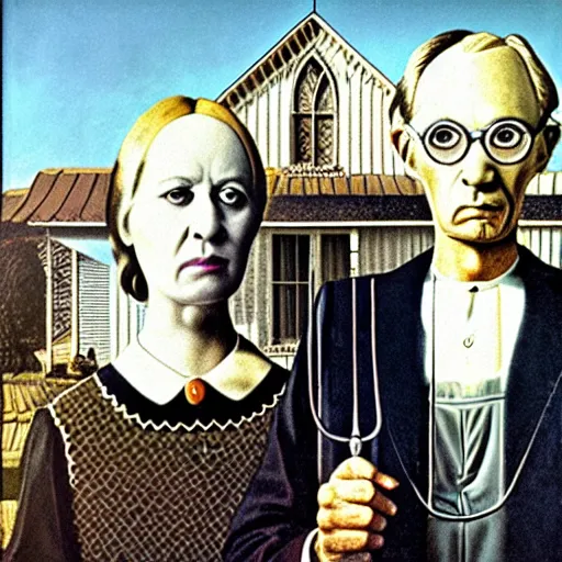 Prompt: salvador dali and andy warhol in the style of american gothic