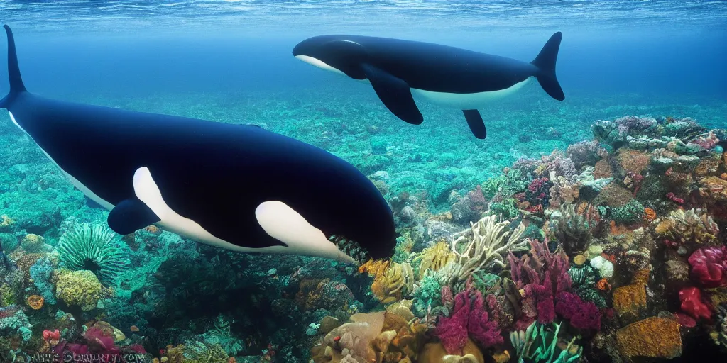 Image similar to orca whale in underwater reef with caustics. photo.