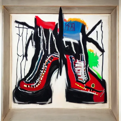 Prompt: basquiat oil painting of cyber balenciaga sneakers,