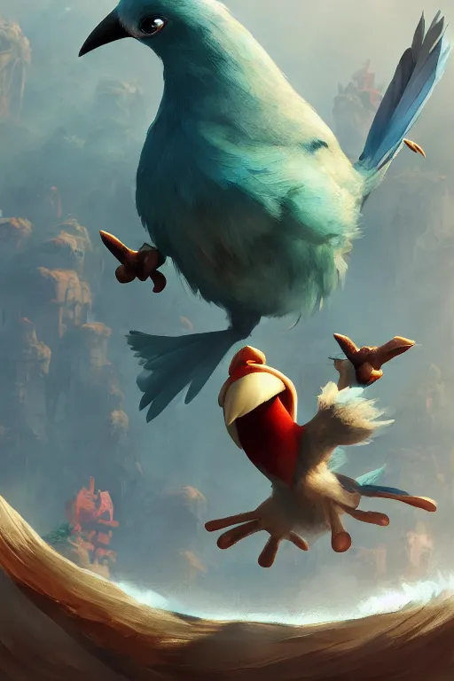 Image similar to a cartoony bird, in the style of Rayman origins, michael ancel, Ruan Jia and Mandy Jurgens and Greg Rutkowski, trending on Artstation, award winning, unreal engine, octane render W 1024