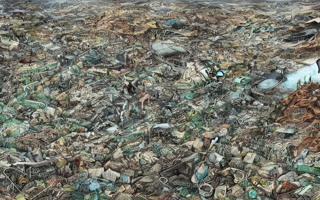 Prompt: very detailed illustration of disastrous environmental consequences of human negligence,