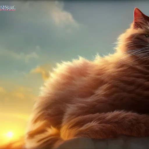 Image similar to colossal fluffy cat, golden hour, fantasy, vivid colors, sharp focus, digital art, hyper - realistic, 4 k, unreal engine, highly detailed, hd, dramatic lighting by brom, trending on artstation