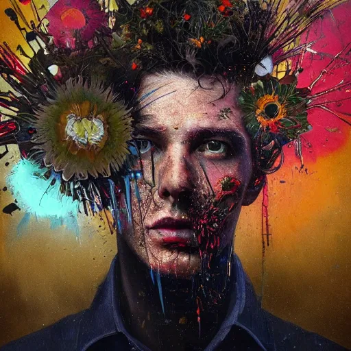 Image similar to art portrait of a man with flowers exploding out of head, cameras, decaying ,8k,by tristan eaton,Stanley Artgermm,Tom Bagshaw,Greg Rutkowski,Carne Griffiths, Ayami Kojima, Beksinski, Giger,trending on DeviantArt,face enhance,hyper detailed,minimalist,cybernetic, android, blade runner,full of colour,