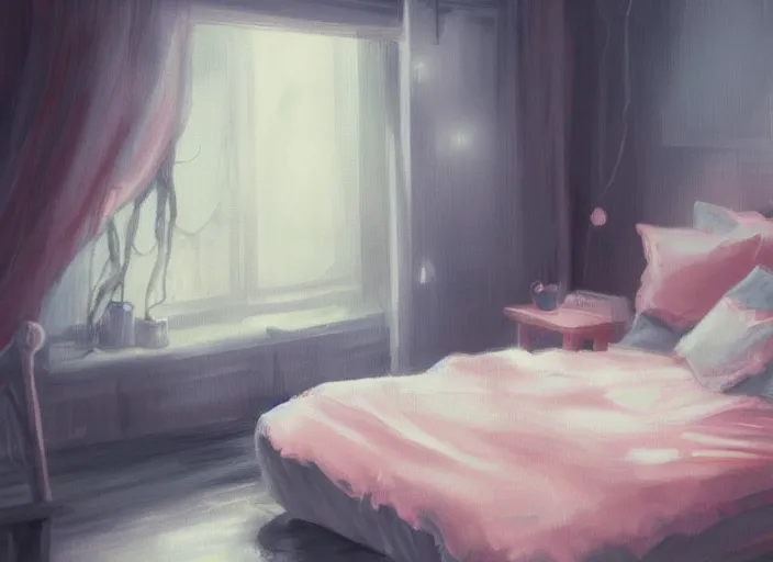 Image similar to placid gloomy dusk messy bedroom trending on pixiv