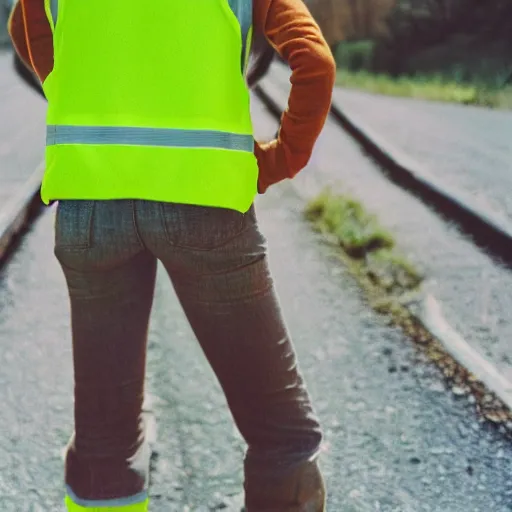 Prompt: photo, close up, emma watson in a hi vis vest, dipping tobacco, portrait, kodak gold 2 0 0,