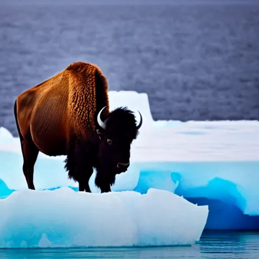 Prompt: photo of a bison on an iceberg in the ocean with peppermint candy sticking out of the sides of the iceberg, 5 0 mm, beautiful photo