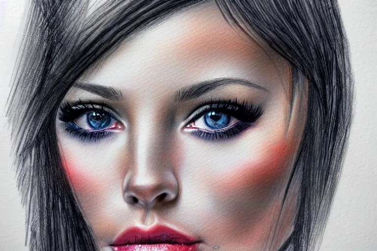 Image similar to sultry look in her eyes ユフィ・キサラギ close-up portrait looking straight on, complex artistic color pencil sketch illustration, full detail, gentle shadowing, fully immersive reflections and particle effects, chromatic aberration.